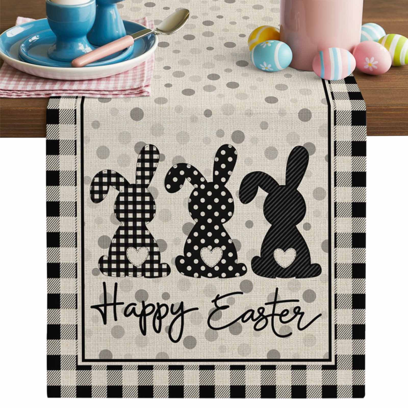 Happy Easter Table Runner, Black Bunny Polka Dots Black White Plaid Linen Texture Cotton Linen Kitchen Table Decoration Washable Dining Tabletop Runners for Home Party Decor 13x90 Inches