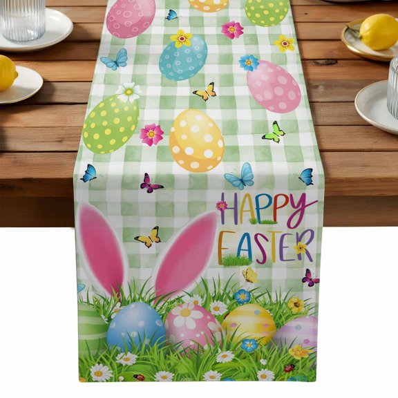 Happy Easter Table Runner, Cartoon Funny Rabbit Ears Colorful Eggs Butterfly Green Plaid Washable Kitchen Table Runners Dress Scarves for Dining Table Decorations Party, 13x108in