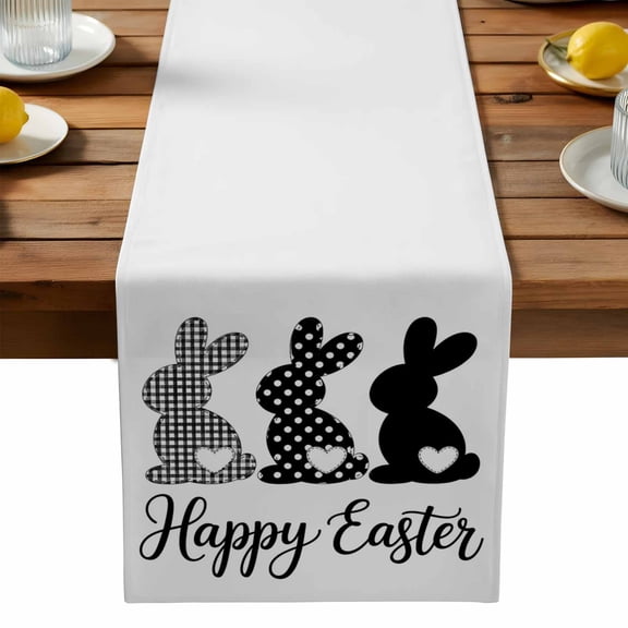 Happy Easter Table Runner, Country Black White Plaid Dots Love Rabbits Washable Kitchen Table Runners Dress Scarves for Dining Table Decorations Party, 13x90in