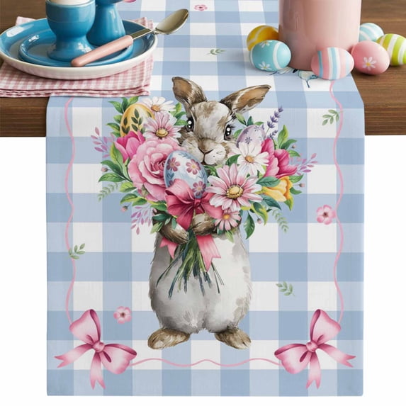Happy Easter Table Runner, Cute Rabbit Floral Bouquet Pink Bow Blue Plaid Cotton Linen Kitchen Table Decoration Washable Dining Tabletop Runners for Home Party Decor 13x36 Inches