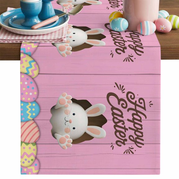 Happy Easter Table Runner, Easter Cute Bunny Cartoon Rabbits Colorful Eggs Pink Cotton Linen Kitchen Table Decoration Washable Dining Tabletop Runners for Home Party Decor 13x60 Inches