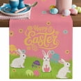 thumbnail image 1 of Happy Easter Table Runner, Easter Rabbits Eggs Floral Grass Pink Background Cotton Linen Kitchen Table Decoration Washable Dining Tabletop Runners for Home Party Decor 13x60 Inches, 1 of 9