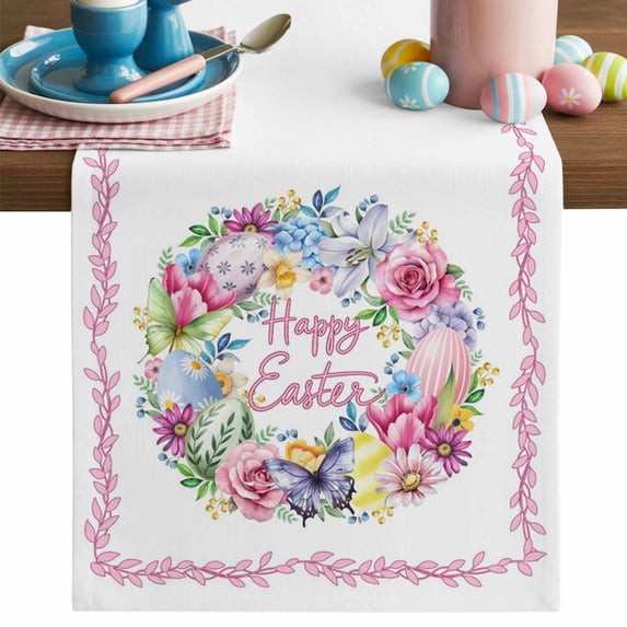 Happy Easter Table Runner, Eggs Flower Wreath Roses Butterfly Pink Leaf Cotton Linen Kitchen Table Decoration Washable Dining Tabletop Runners for Home Party Decor 13x72 Inches