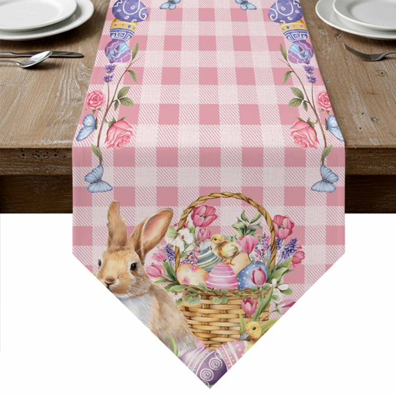 Happy Easter Table Runner Linen Burlap Table Runner 90 Inches Long Spring Easter Eggs Bunny Floral Pink Plaid Dresser Scarves for Kitchen Island Coffee Dining Party Wedding Holiday Decor 13"x90"