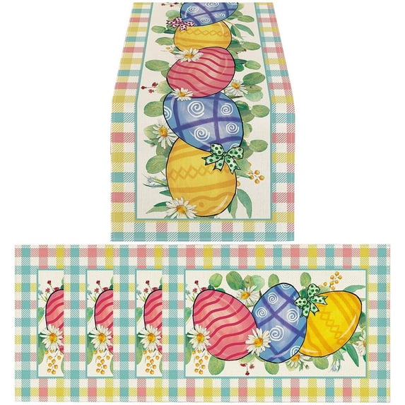 Happy Easter Table Runner and Placemats Set, Spring Bunny Table Runner and 4Pcs Plcemats, Seasonal Holiday Dining Table Decor for Kitchen Farmhouse Home Party Decorations