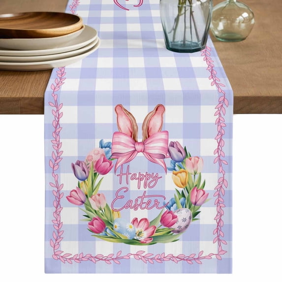 Happy Easter Table Runner, Rabbits Bows Spring Tulips Eggs Purple Plaid Cotton Linen Table Runners 120 Inches Long, Dresser Scarf Runner for Dining/Living Room/Kitchen/Square Tables 13''x120''
