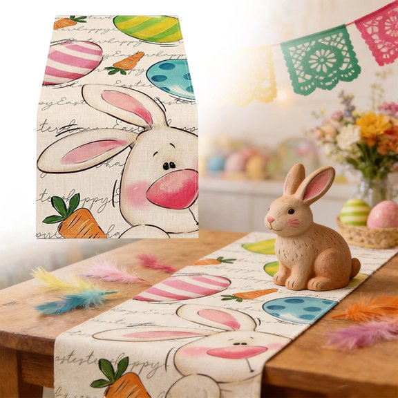 Happy Easter Table Runner, Rabbits And Eggs Design, 100% Spun Polyester, Fade Resistant Print, 72 Inch Length, Versatile Holiday Table Decor For Dining Coffee Bar, Indoor Outdoor Accent