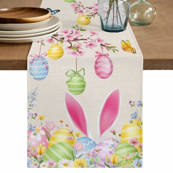 Happy Easter Table Runner, Spring Farmhouse Bunny Eggs Flower Beige Washable Cotton Linen Table Runners 48 Inches Long, Dresser Scarf Runner for Nightstand/Coffee/End Tables 13''x48''