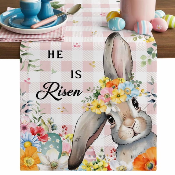 Happy Easter Table Runner, Spring Gray Bunny Yellow Floral He Is Risen Pink Plaid Cotton Linen Kitchen Table Decoration Washable Dining Tabletop Runners for Home Party Decor 13x108 Inches