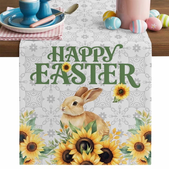 Happy Easter Table Runner, Watercolor Rabbit Spring Sunflower Floral Grey Flower Texture Cotton Linen Kitchen Table Decoration Washable Dining Tabletop Runners for Home Party Decor 13x48 Inches