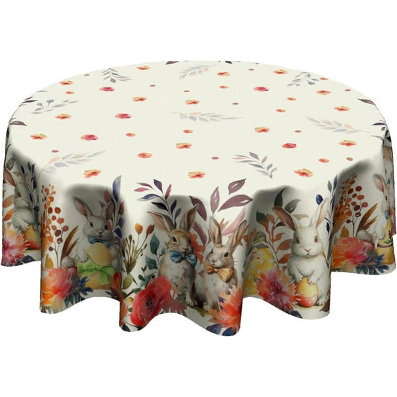Happy Easter Tablecloth Round 60 Inch Spring Flowers Bunny Table Cloths Polyester Fabric Easter Flowers Rabbit Table Cover for Kitchen Dining Room Picnic Party Spring Outdoor