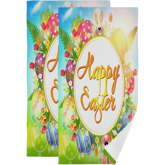 Happy Easter Theme Hand Towels 2 PCS, Cartoon Egg Rabbit Kitchen Towel Ultra Soft and Highly Absorbent,Decorative Fingertip Face Towel for Bathroom Hotel, 28.3"x14.4"