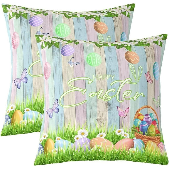 Happy Easter Themed Throw Pillow Covers Colorful Eggs Watercolor Wild Butterfly Cushion Covers for Kids Boys Girls Teens White Daisy Spring Rustic Pillow Cases for Couch RV 18x18 Inch Set of 2