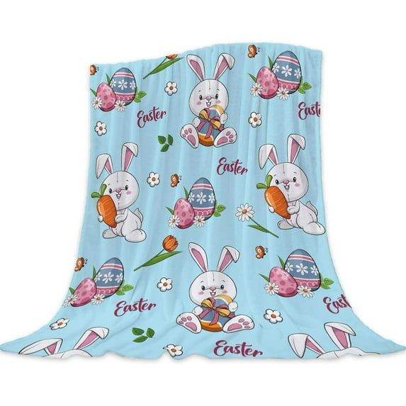 Happy Easter Throw Blanket 50x60 Blue Cute Bunny Egg Bunny Blanket Spring Flower Floral Blanket for Couch Sofa Bed Soft Cozy Fuzzy Plush Fleece Blanket and Throws 50 by 60