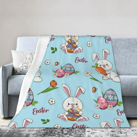 Happy Easter Throw Blanket Blue Cute Bunny Egg Bunny Blanket Spring Flower Floral Blanket for Couch Sofa Bed Soft Cozy Fuzzy Plush Fleece Blanket and Throws 50x40