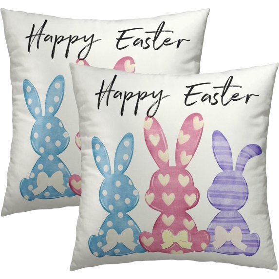 Happy Easter Throw Pillow Covers 16x16 Inch Set of 2 Heart Polka Dot Rabbit Bow Decorative Cotton Cushion Case Colorful Bunny Pillowcases for Home Sofa Party Couch Bench