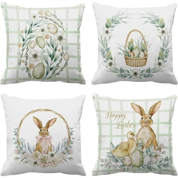Happy Easter Throw Pillow Covers 18x18, Home Decor Outdoor Set of 4 Polyester Pillow Cases Decorative for Bed Sofa Cushion Couch Pillowcases