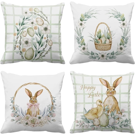 Happy Easter Throw Pillow Covers 18x18, Home Decor Outdoor Set of 4 Polyester Pillow Cases Decorative for Bed Sofa Cushion Couch Pillowcases
