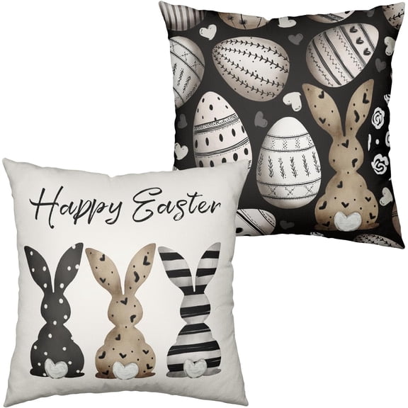 Happy Easter Throw Pillow Covers Striped Polka Dot Brown Bunny Pillow Covers 16x16 Black White Easter Eggs Pillow Cases Spring Rabbit Farmhouse Cushion Case for Home Sofa 2 Pack