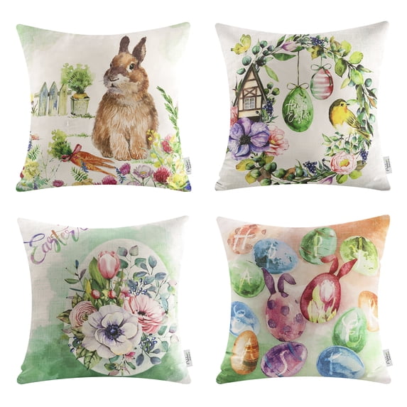Happy Easter Throw Pillow Set of 4 Easter Decor for Sofa Couch Colorful Egg and Beige Rabbit 18 x 18 Inch