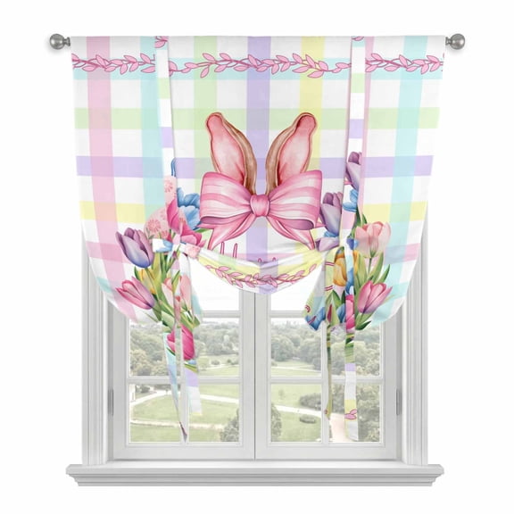 Happy Easter Tie Up Curtains 45 Inches Long, Kitchen Window Curtains Over Sink, Rabbits Bows Tulips Eggs Colorful Stripes Small Window Curtains Shade Balloon Curtains Valances for Bedroom 34"x45"
