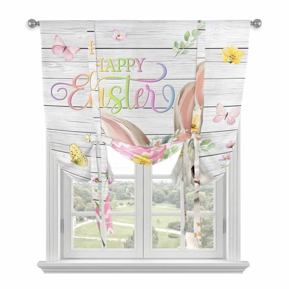 Happy Easter Tie Up Curtains 45 Inches Long, Kitchen Window Curtains Over Sink, Spring Easter Bunny Eggs Floral Gray Wooden Small Window Curtains Shade Balloon Curtains Valances for Bedroom 34"x45"