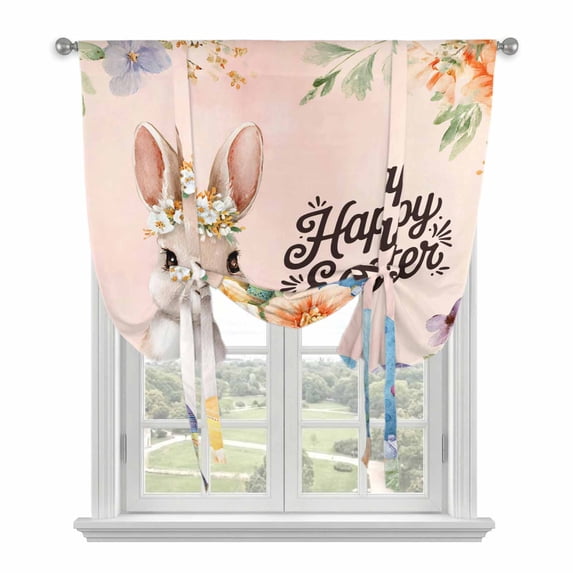 Happy Easter Tie Up Curtains for Windows, Adjustable Balloon Window Shades, Spring Watercolor Bunny Eggs Flowers Pink Kitchen Window Treatments Adjustable Roll Up Curtain for Basement/Nursery 52"x45"
