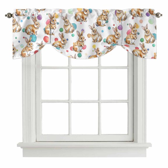 Happy Easter Tie Up Valance Curtains for Windows, Kitchen Curtains Window Treatments, Funny Cute Rabbit Bunny Colorful Eggs Short Window Shades Valances for Bedroom Bathroom Cafe 42"x12"