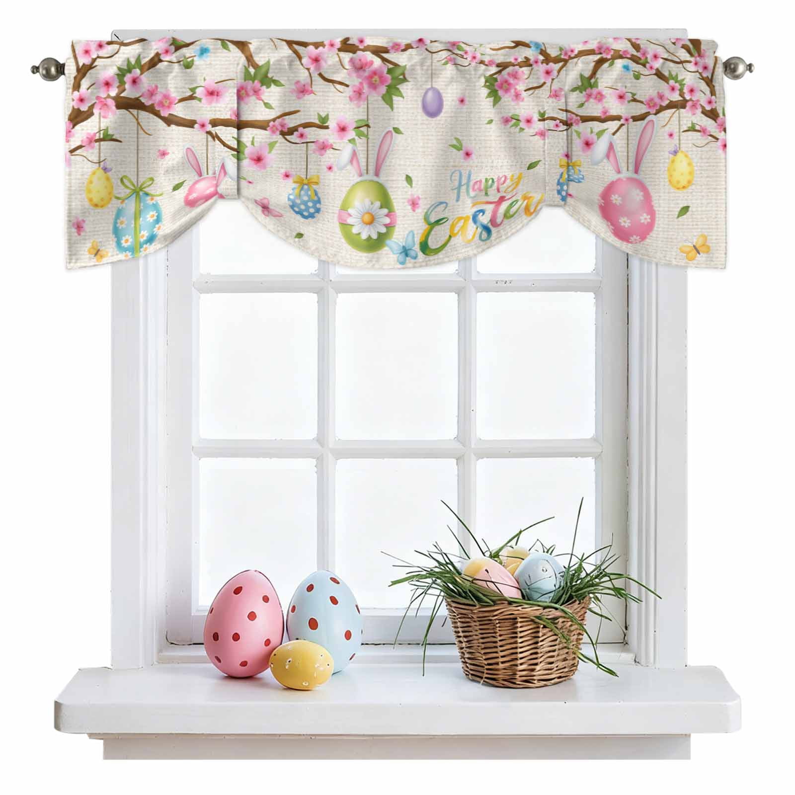 Happy Easter Tie Up Valances Curtain, Colorful Rabbit Ears on Easter Egg Spring Floral Tree Linen Texture Adjustable Rod Pocket Short Window Treatment Tie Up Curtains for Kitchen Living Room 60x18 In