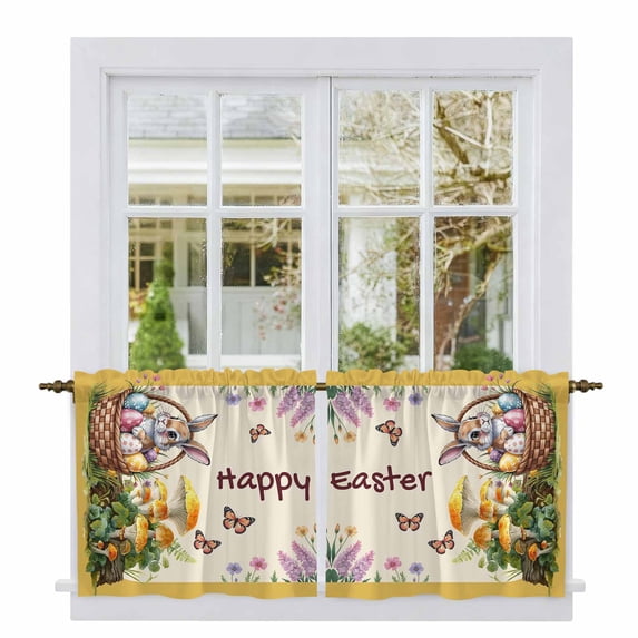 Happy Easter Tier Curtains 24 Inch Length, Rabbit Eggs Spring Mushrooms Flowers Yellow Cafe Short Curtains for Bathroom Over Sink, Small Kitchen Curtain Light Filtering Drapes 2 Panels 27.5"Wx24"L