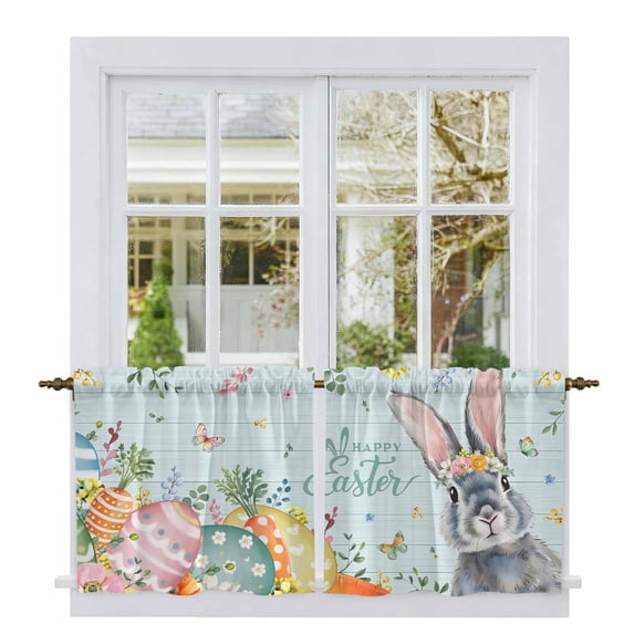 Happy Easter Tier Curtains 24 Inch Length, Spring Bunny Easter Eggs Floral Teal Wood Cafe Short Curtains for Bathroom Over Sink, Small Kitchen Curtain Light Filtering Drapes 2 Panels 27.5"Wx24"L