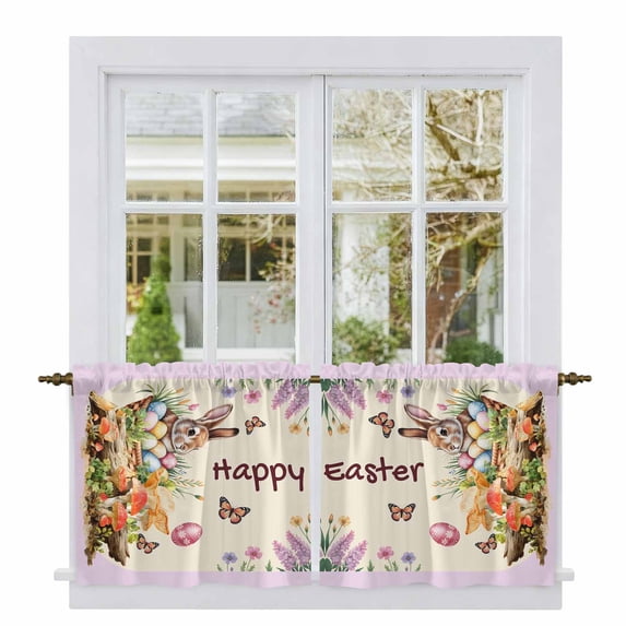 Happy Easter Tier Curtains 36 Inch Length, Bunny Eggs Spring Mushrooms Plants Rustic Purple Cafe Short Curtains for Bathroom Sink, Small Kitchen Curtain Light Filtering Drapes 2 Panels 27.5"Wx36"L