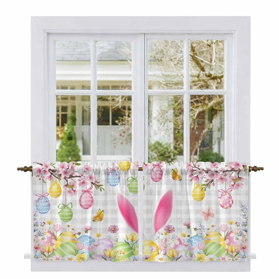 Happy Easter Tier Curtains 36 Inch Length, Spring Watercolor Bunny Eggs Flower Grey Plaid Cafe Short Curtains for Bathroom Over Sink, Small Kitchen Curtain Light Filtering Drapes 2 Panels 27.5"Wx36"L