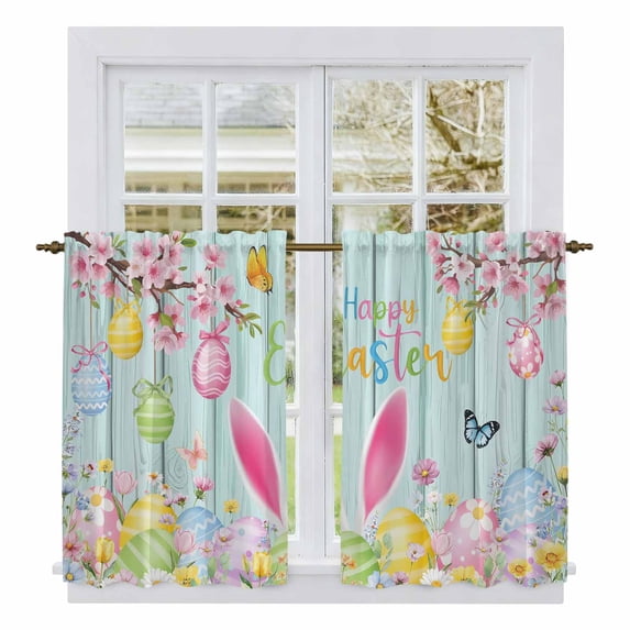 Happy Easter Tier Curtains 54 Inch Length, Spring Bunny Eggs Flower Teal Wood Grain Cafe Short Curtains for Bathroom Over Sink, Small Kitchen Curtain Light Filtering Drapes 2 Panels 27.5"Wx54"L