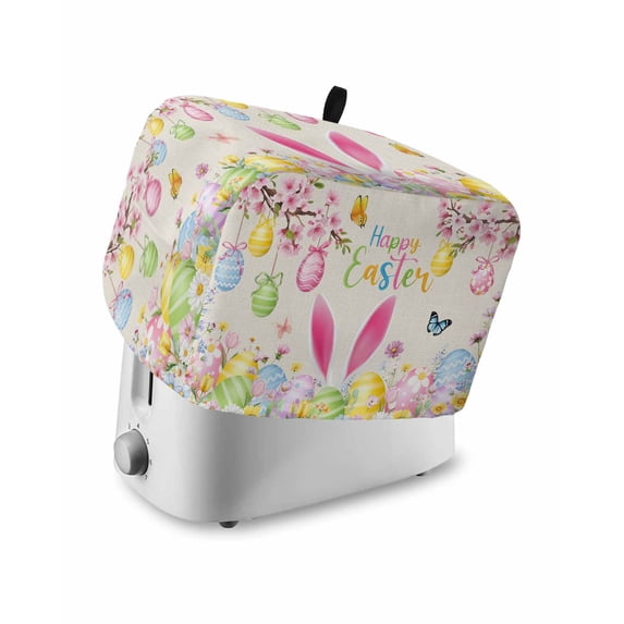 Happy Easter Toaster Cover 2 Slice, Small Kitchen Appliance Covers, Spring Farmhouse Bunny Eggs Flower Beige Toaster Oven Cover with Loop, Bread Machine Cover Polyester Dust Cover Protection