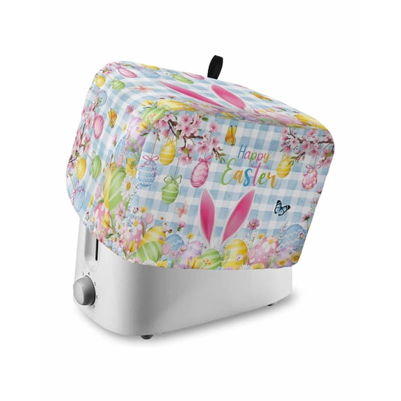 Happy Easter Toaster Cover 2 Slice, Small Kitchen Appliance Covers, Spring Watercolor Bunny Eggs Flower Blue Plaid Toaster Oven Cover with Loop, Bread Machine Cover Polyester Dust Cover Protection