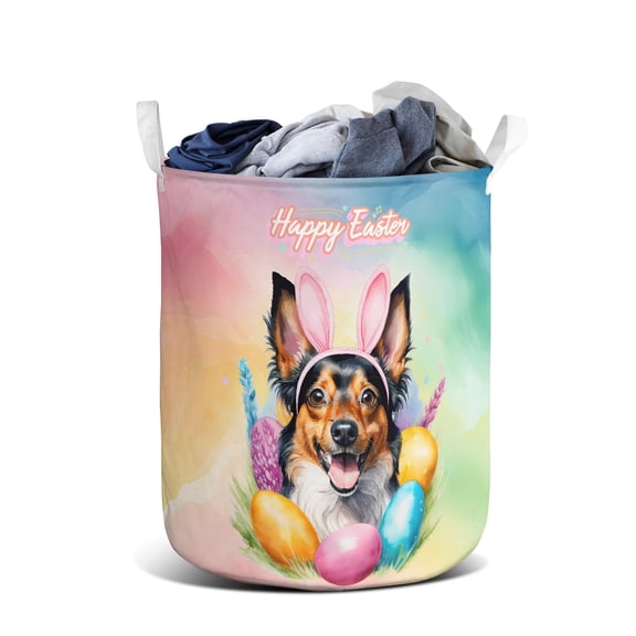 Happy Easter Toy Fox Terrier with Bunny Ear Headband and Flowers Foldable Laundry Basket Dog Lover Organizer Storage with Handles - 13001