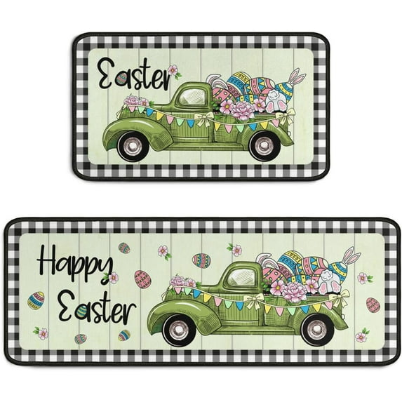 Happy Easter Truck Kitchen Rugs Set 2 Pieces Non Slip Kitchen Floor Rug and Mat Waterproof Kitchen Runner Rug Standing Area Mat for Holiday Bedroom Decor 17"x47"+17"x30"