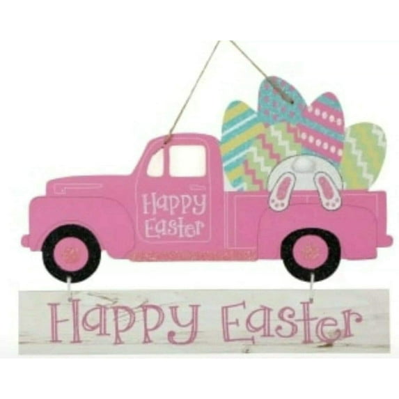 Happy Easter Truck Sign Pink 9" x 13.25" Puffy Cotton Tail - by Denise Headlines
