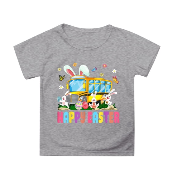 Happy Easter Tshirts for Kids Cute Cartoon Bunny School Bus Graphic Boys Girls Short Sleeve Tee Egg Party Outfit 3-13Y Grey, 8-9 Years