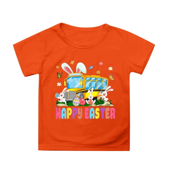 Happy Easter Tshirts for Kids Cute Cartoon Bunny School Bus Graphic Boys Girls Short Sleeve Tee Egg Party Outfit 3-13Y Orange, 10-11 Years