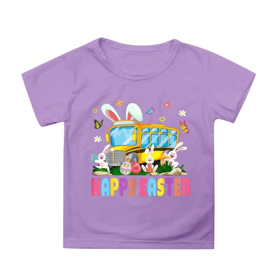 Happy Easter Tshirts for Kids Cute Cartoon Bunny School Bus Graphic Boys Girls Short Sleeve Tee Egg Party Outfit 3-13Y Purple, 4-5 Years