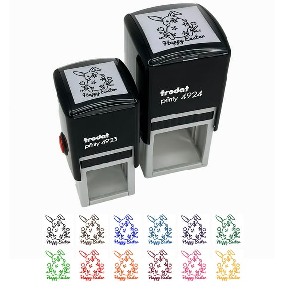 Happy Easter Tulips Bunny Hiding Behind Giant Egg Self-Inking Rubber Stamp Ink Stamper - Red Ink - Small 1 Inch