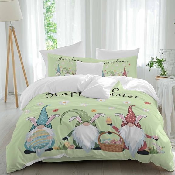 Happy Easter Twin Size Comforter Set, Cute Bunny Ears Gnome Egg Spring Floral Grass Green Bedding for All Seasons, 4 Pcs Bed Set, 1 Quiltcover (68"x86") ,1Sheet(67"x116"), 2Pillowcases (30"x20")