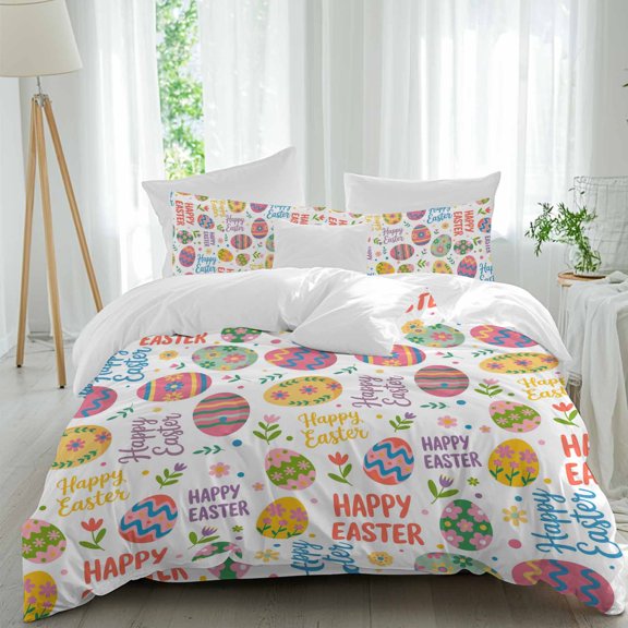 Happy Easter Twin Size Comforter Set, Pink Yellow Green Cartoon Eggs Floral Greenery Bedding for All Seasons, 4 Pcs Bed Set, 1 Quiltcover (68"x86") ,1Sheet(67"x116"), 2Pillowcases (30"x20")