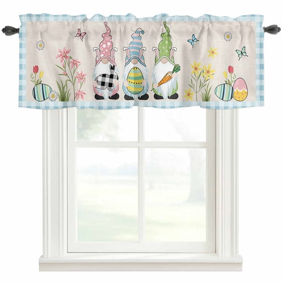Happy Easter Valances for Windows Bunny Gnomes on Blue White Buffalo Plaid Border Rod Pocket Curtain Valance Window Treatment Short Curtains for Kitchen Living Room, 60"x18"
