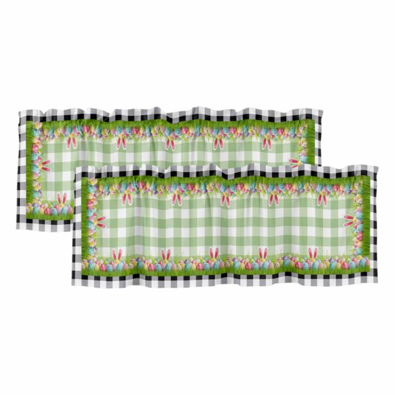 Happy Easter Valances for Windows, Decorative Rod Pocket Window Valance Curtains, Spring Bunny Ears Eggs Buffalo Checkered Short Curtain Drapes for Kitchen/Living Room, 2 Panels, 60" W x 18" L