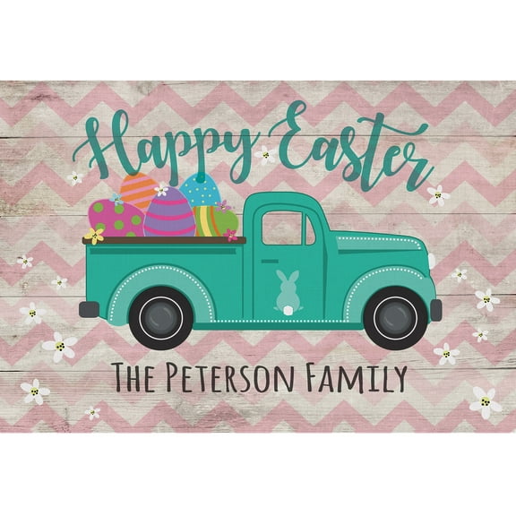 Happy Easter Vintage Pickup Truck Personalized Doormat with Custom Name Printing and Non-Slip Rubber Backing, Outdoor/Indoor, 18" x 27"