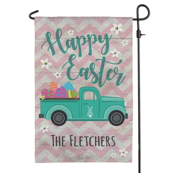 Happy Easter Vintage Pickup Truck Personalized Garden Flag with Custom Name Printing, Outdoor/Indoor, 12" x 17.5"