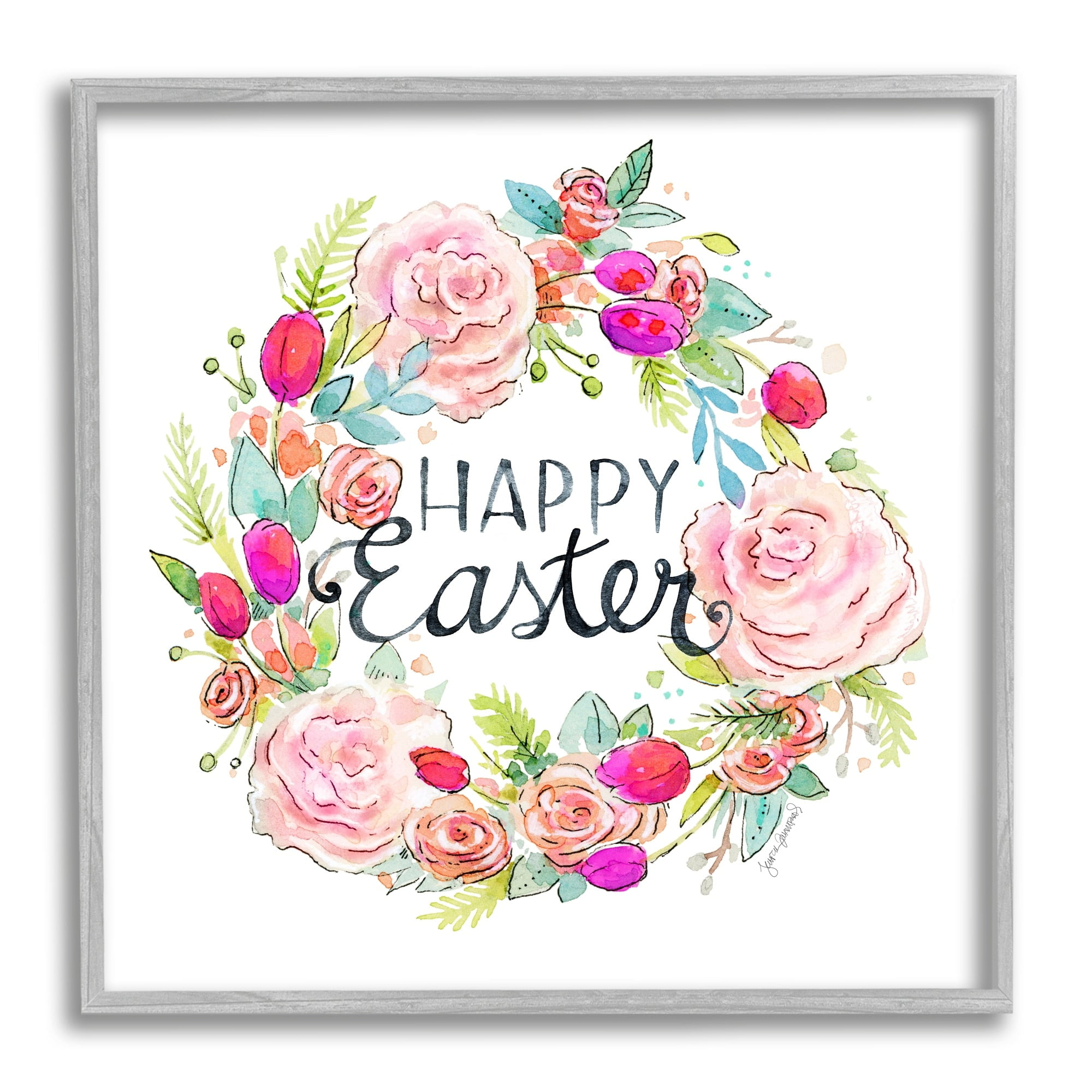 Happy Easter Vivid Pink Floral Blossom Border Botanical & Floral Graphic Art Framed Art Print Wall Art